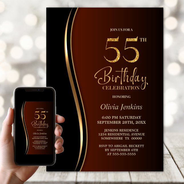 Black Gold Burnt Orange 55th Birthday Party Invitation (Creator Uploaded)