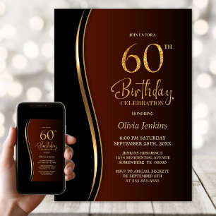 Black Gold Burnt Orange 60th Birthday Party Invitation