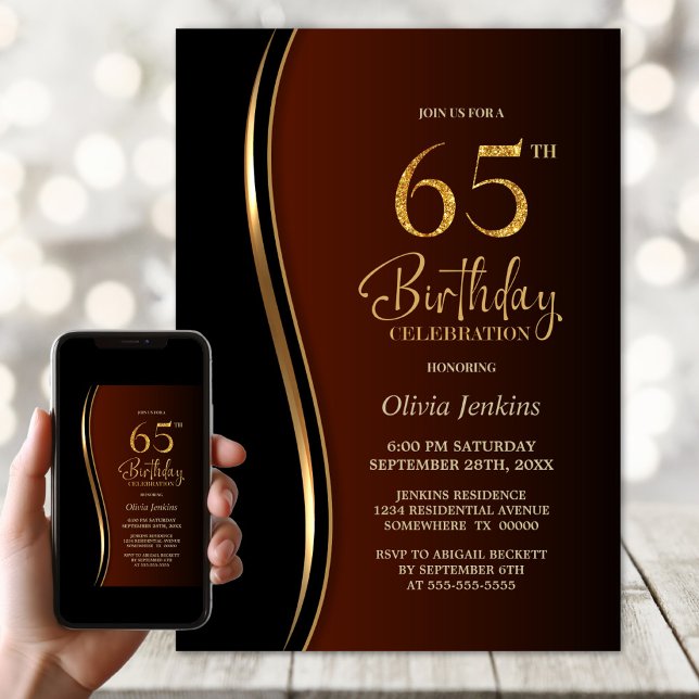 Black Gold Burnt Orange 65th Birthday Party Invitation (Creator Uploaded)
