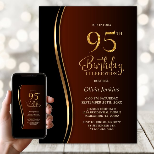 Black Gold Burnt Orange 95th Birthday Party Invitation (Creator Uploaded)