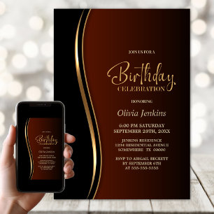 Black Gold Burnt Orange Birthday Party Invitation