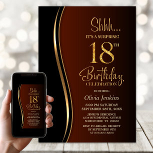 Black Gold Burnt Orange Surprise 18th Birthday Invitation