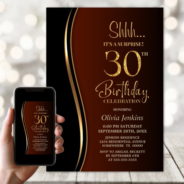 Black Gold Burnt Orange Surprise 30th Birthday Invitation (Creator Uploaded)