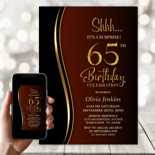 Black Gold Burnt Orange Surprise 65th Birthday Invitation