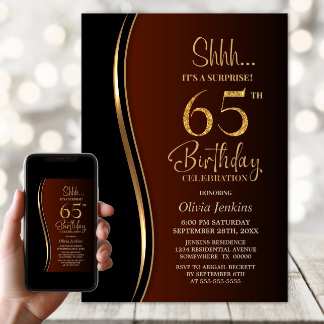 Black Gold Burnt Orange Surprise 65th Birthday Invitation (Creator Uploaded)