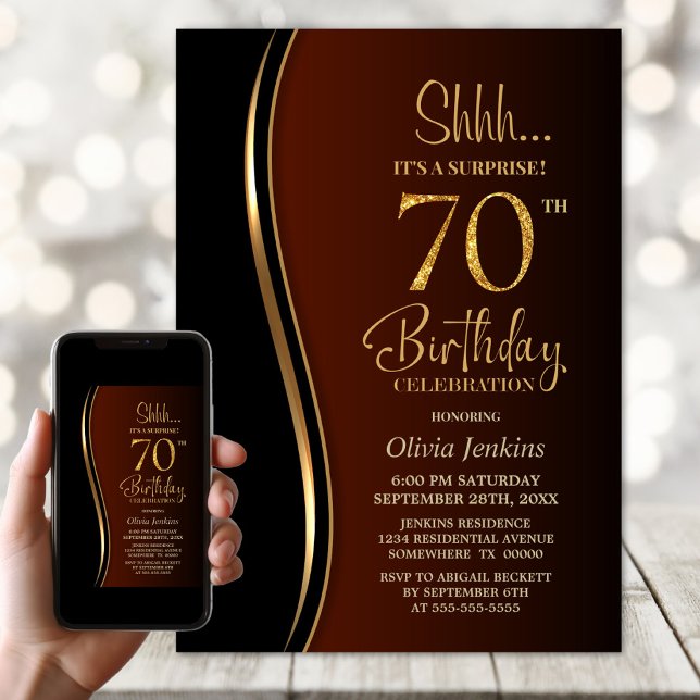 Black Gold Burnt Orange Surprise 70th Birthday Invitation (Creator Uploaded)