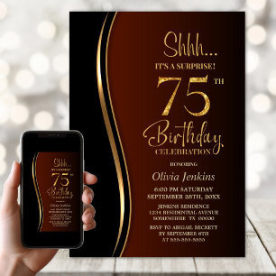 Black Gold Burnt Orange Surprise 75th Birthday Invitation