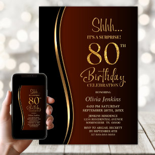 Black Gold Burnt Orange Surprise 80th Birthday Invitation