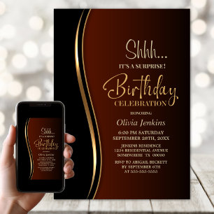 Black Gold Burnt Orange Surprise Birthday Party Invitation