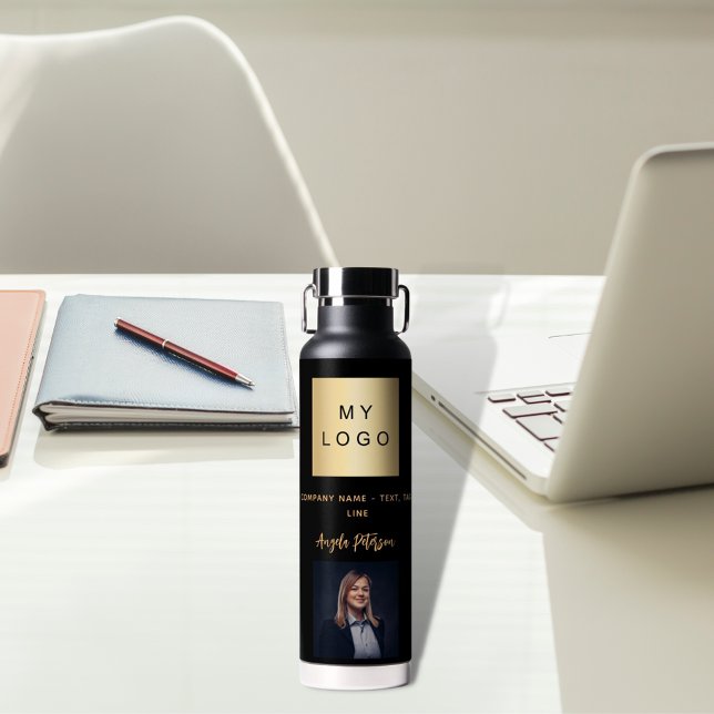 Black gold business logo name signature photo water bottle (Creator Uploaded)