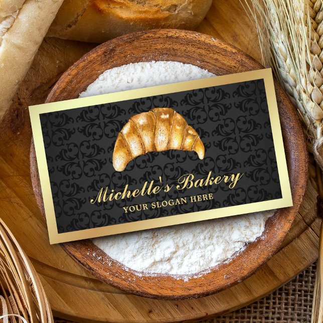 Black Gold Butter Croissant Bakery Business Card (Creator Uploaded)