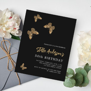 Black gold butterflies birthday invitation