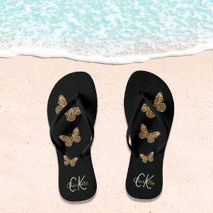 Black gold butterflies name monogram thongs