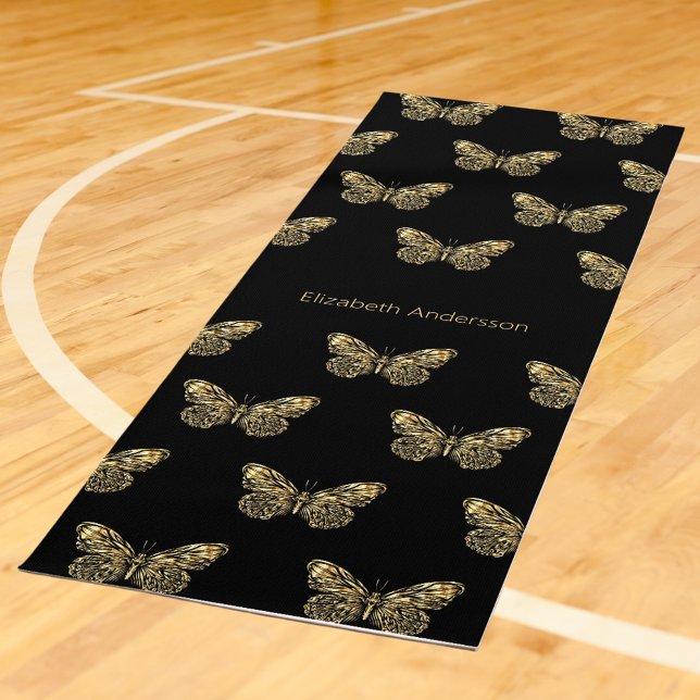 Black gold butterflies name yoga mat (Creator Uploaded)