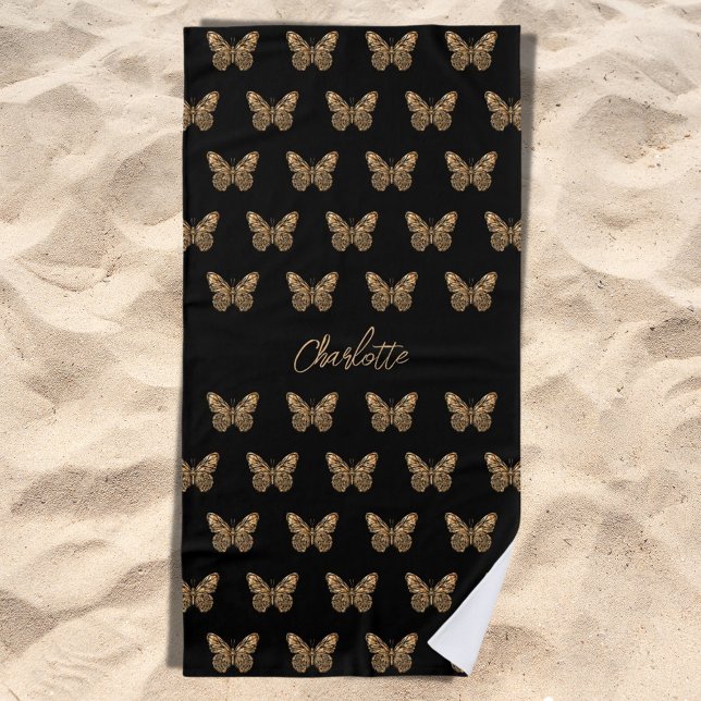 Black gold butterflies pattern name script beach towel (Creator Uploaded)