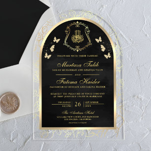 Black Gold Butterfly Arch Muslim Wedding Acrylic Invitations