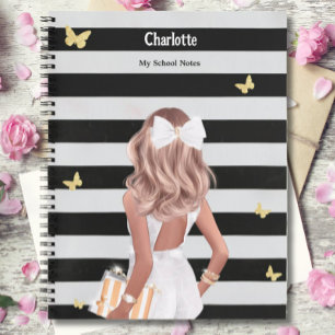 Black Gold Butterfly Blonde Girl White Dress Notebook