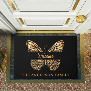 Black gold butterfly family name doormat
