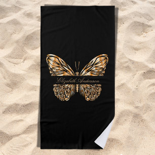 Black gold butterfly name script beach towel