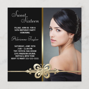 Black Gold Butterfly Photo Sweet Sixteen Birthday Invitation