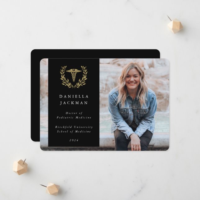 Black/Gold Caduceus Medical School Photo Announcement (Front/Back In Situ)
