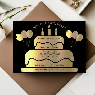 Black & Gold Cake Balloons 65th Birthday Invitation