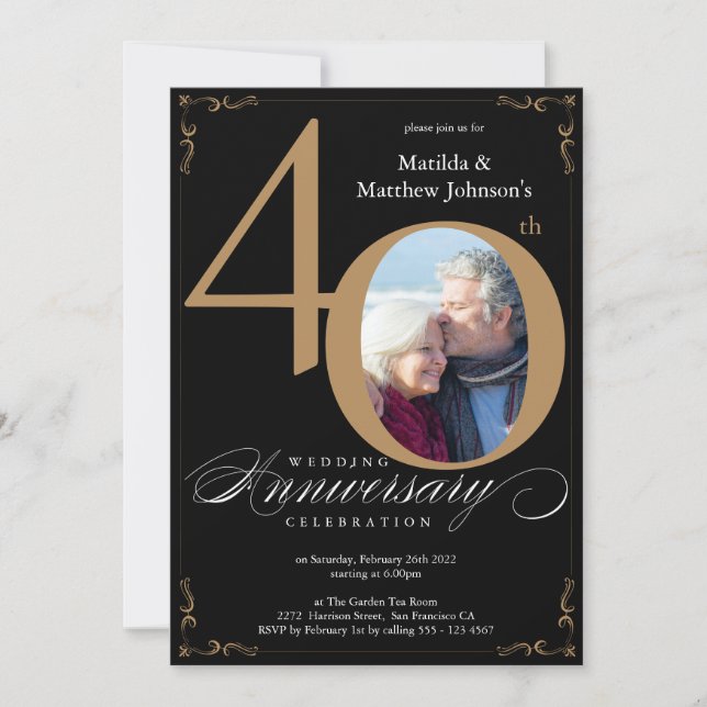 Black Gold Calligraphy 40th Wedding Anniversary Invitation (Front)