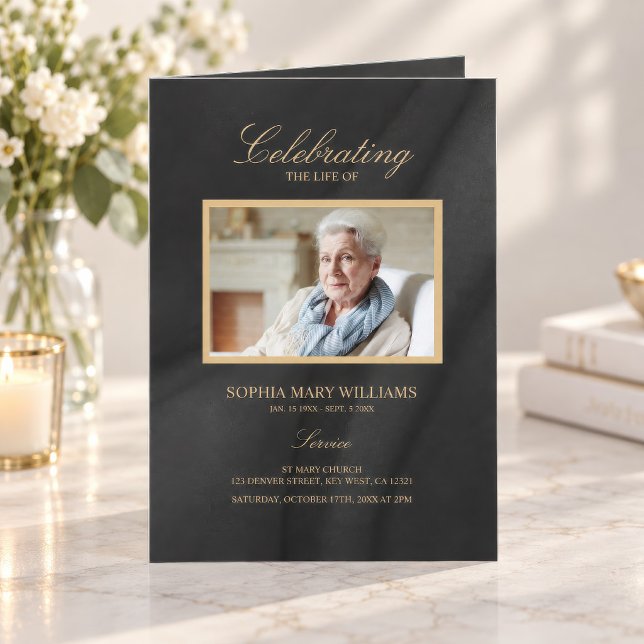 Black & Gold Calligraphy Memorial Program (Black and Gold Calligraphy Celebration of Life program with photo and service details)