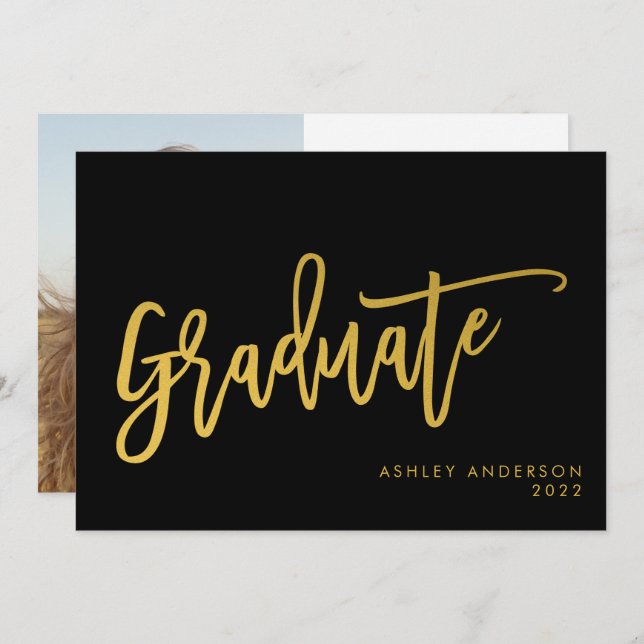 Black Gold Calligraphy Script Graduate Photo Party Invitation (Front/Back)