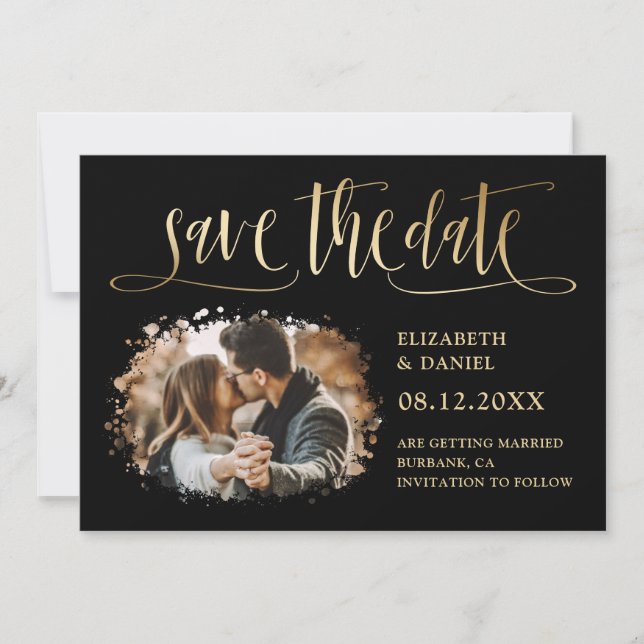 Black Gold Calligraphy Wedding 2 Splatter Photo Save The Date (Front)