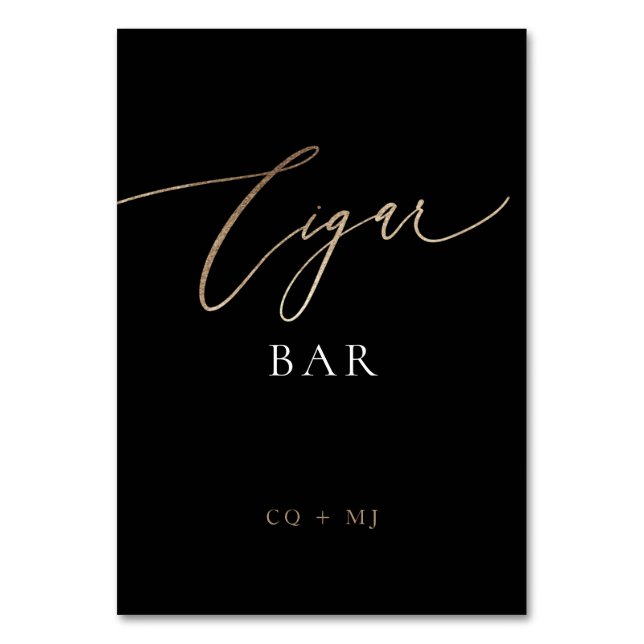 Black Gold Calligraphy Wedding Cigar Bar Sign Table Number (Front)