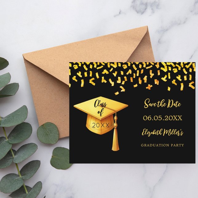 Black gold cap Graduation Party Save the Date card (Creator Uploaded)