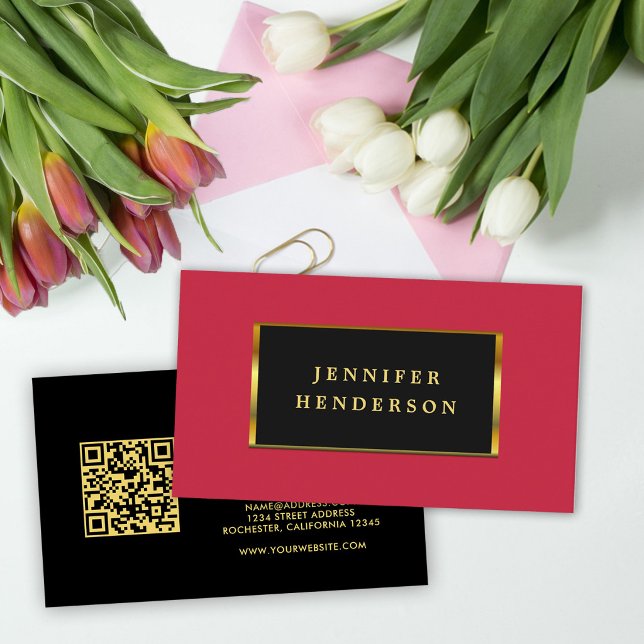 Black gold cardinal red QR code professional Business Card (Moden chic black gold, cardinal red QR code professional Business Card.)