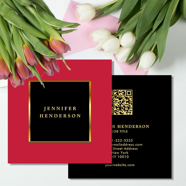 Black gold cardinal red QR code professional Square Business Card (Modern elegant black gold,  cardinal red QR code professional Square Business Card. )