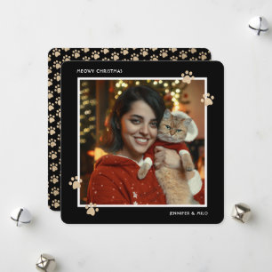 Black Gold Cat Paws Photo Meowy Christmas Card