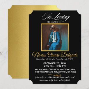 Black & Gold Celebration of Life Elegant Photo Invitation