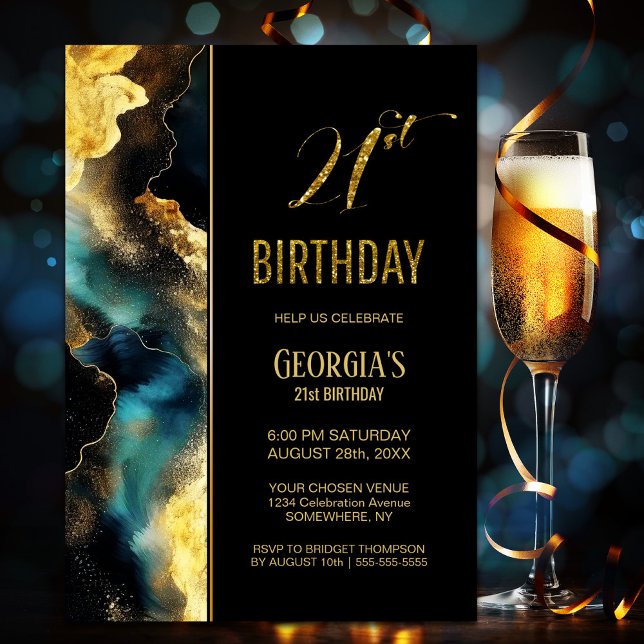 Black Gold Celestial 21st Birthday Party Invitation (Creator Uploaded)