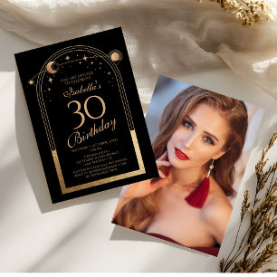 Black Gold Celestial 30th Birthday Photo Invitation
