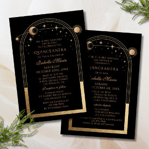 Black Gold Celestial Bilingual Quinceañera Invitation