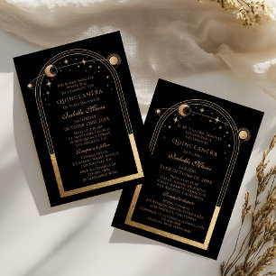 Black Gold Celestial Bilingual Quinceañera Invitation