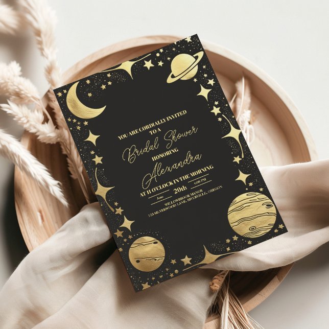 Black Gold Celestial Crescent Moon Bridal Shower Invitation (Creator Uploaded)