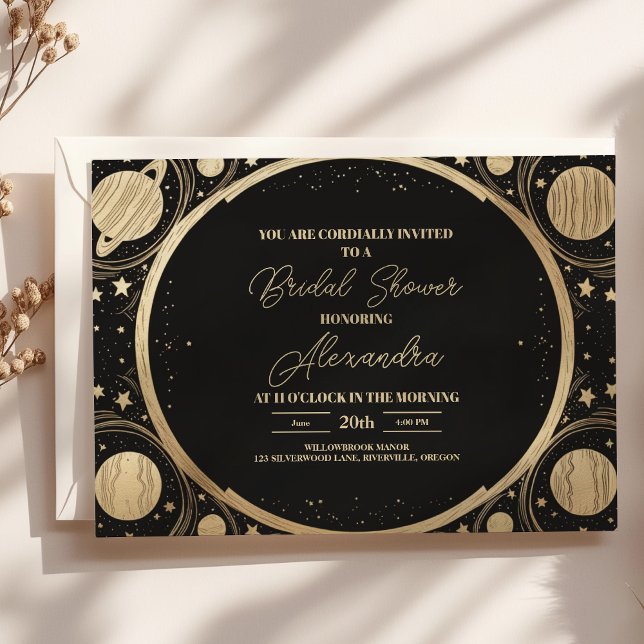 Black Gold Celestial Crescent Moon Bridal Shower Invitation (Creator Uploaded)