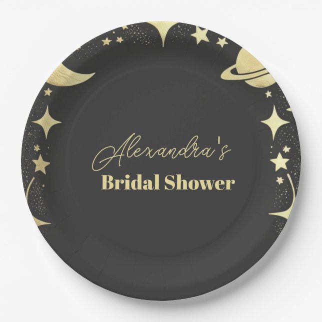 Black Gold Celestial Crescent Moon Bridal Shower Paper Plate (Front)