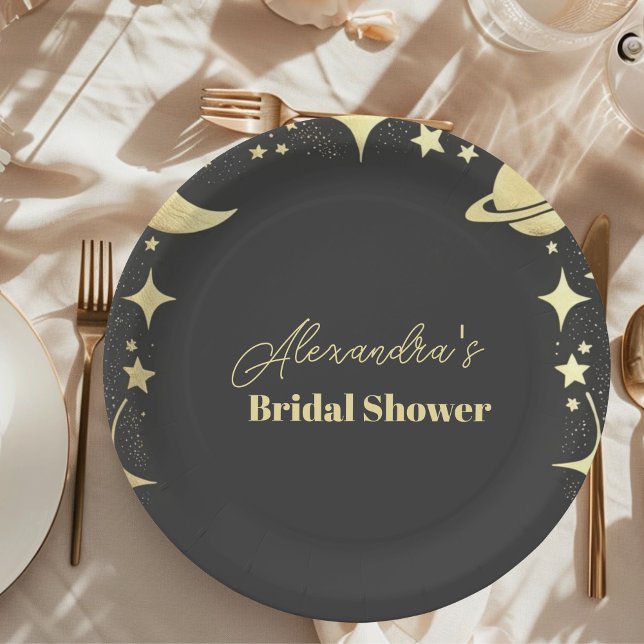 Black Gold Celestial Crescent Moon Bridal Shower Paper Plate (Creator Uploaded)