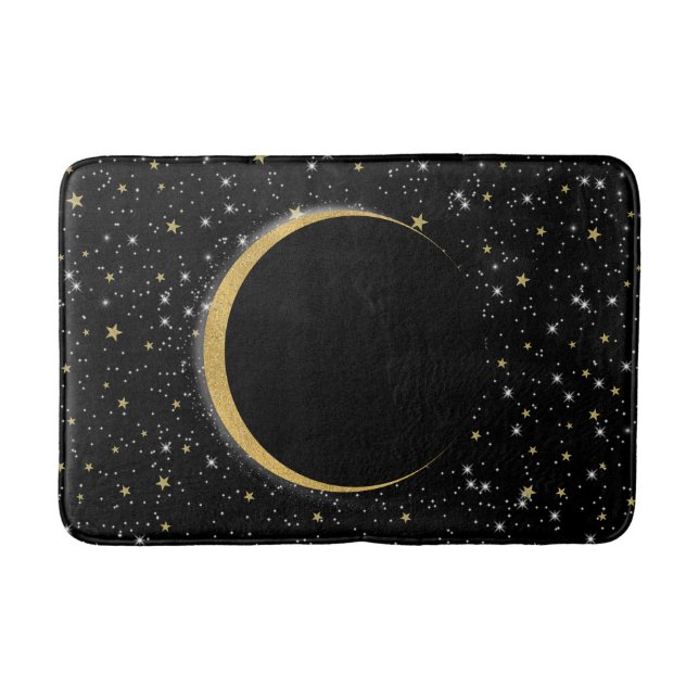 Black & Gold Celestial Moon Magic Lunar Stars Bath Mat (Front)