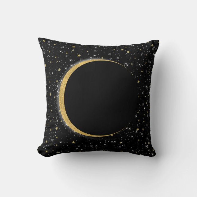 Black & Gold Celestial Moon Magic Lunar Stars Cushion (Front)