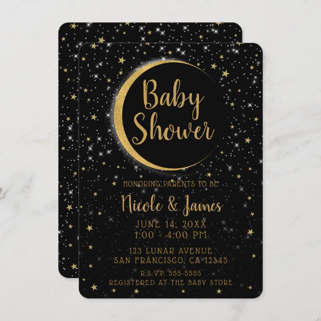 Black Gold Celestial Moon Magic Stars Baby Shower Invitation (Front/Back)