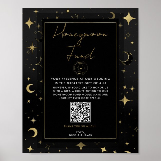 Black & Gold Celestial Moon Stars Honeymoon Fund Poster (Front)