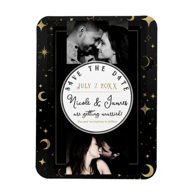 Black & Gold Celestial Moon & Stars Save the Date Magnet (Vertical)