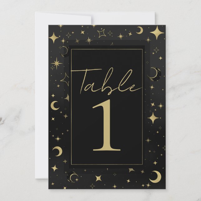 Black & Gold Celestial Moon Stars Table Number (Front)